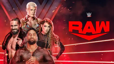 WWE Raw 4K Ultra HD PC desktop wallpaper showing four WWE wrestlers posed in front of the red RAW logo and arena lighting.