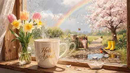 Hello April 4K Ultra HD PC desktop wallpaper: spring scene — steaming 'Hello April' mug on a windowsill with daffodils, paper boat, rainbow, cherry blossoms, yellow boots and a robin.