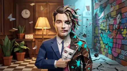 5K Ultra HD PC desktop wallpaper/background: split-personality portrait—one half polished suited man in a warm study, the other half a fractured street-art rebel, holding a mask amid flying shards.