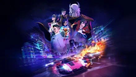 Screamer (2026) video game 2K Quad HD PC desktop wallpaper and background — neon city, flaming pink sports car drifting through lights, ensemble of stylized characters looming above.