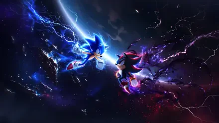 Sonic the Hedgehog 4 movie 2K Quad HD PC desktop wallpaper: blue Sonic and Shadow clash amid lightning and shattered cosmic debris.