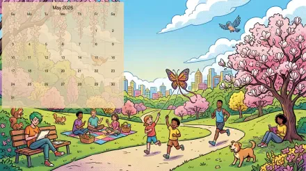May 2026 calendar — 5K Ultra HD PC desktop wallpaper and background: vibrant park scene with cherry blossoms, children chasing a butterfly, joggers, picnickers, a dog and distant city skyline.