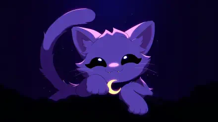 Poppy Playtime CatNap video game wallpaper: cute purple kitten with crescent-moon collar curled in moonlit shadow — 2K Quad HD PC desktop background.