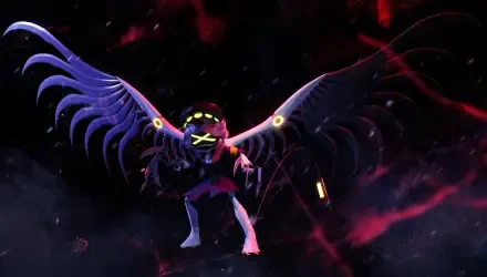 HD PC desktop wallpaper of Serial Designation N from the TV show Murder Drones: a glowing, winged drone with an X-mark face hovering against a dark, red-streaked cosmic background