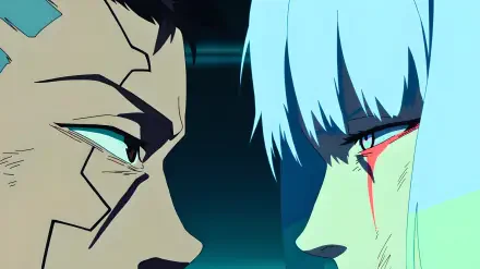 Close-up of Lucy (anime girl) and David from Cyberpunk: Edgerunners, lovers locking an intense, tender stare against a neon-lit 4K Ultra HD PC desktop wallpaper background.