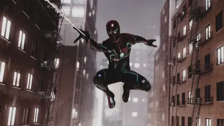 Screenshot from Marvel's Spider-Man Remastered: Spider-Man in a black-and-red suit mid-leap between rain-drenched city buildings — 2K Quad HD PC desktop wallpaper/background.