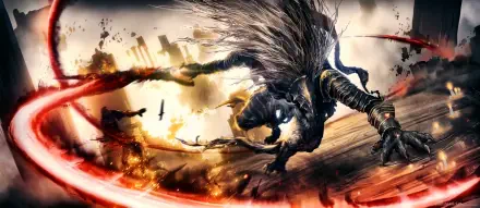 2K Quad HD PC desktop wallpaper of a Souls-like Elden Ring boss fight: Maliketh the Black Blade lunges across a fiery battlefield, dark armored wolf form with red energy slashes.
