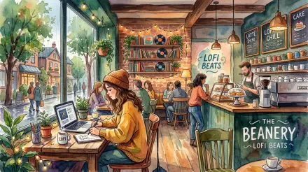 Cozy lofi coffeehouse interior with sunlit windows, patrons, barista, vinyl shelves and a student working on a laptop — 5K Ultra HD PC desktop wallpaper background.