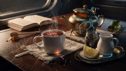 4K Ultra HD PC desktop wallpaper of a steaming cup of black tea on a wooden table with lemon, milk jug, ornate teapot and an open book bathed in soft window light.