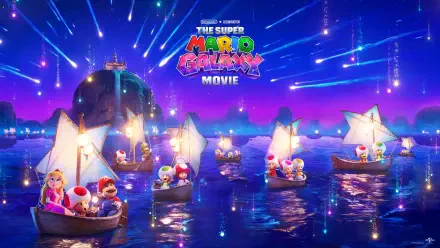 4K Ultra HD PC wallpaper/background from The Super Mario Galaxy Movie: Mario, Peach and Toads sail in glowing, star-shaped boats across a purple, starlit sea.