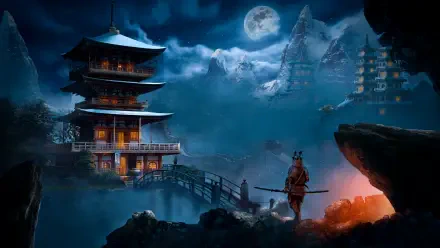 4K Ultra HD PC desktop wallpaper and background: lone samurai on a rocky ridge watching an illuminated pagoda and bridge beneath a full moon and misty mountain peaks.