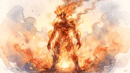 4K Ultra HD PC desktop wallpaper and background showing a towering fire elemental — a humanoid figure of roaring flames and embers, standing amid smoky, watercolor-like clouds.