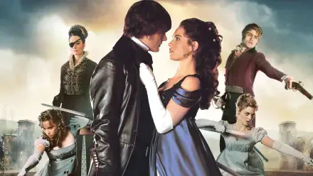 4K Ultra HD PC wallpaper: Pride and Prejudice and Zombies — a Regency couple face-to-face, surrounded by sword‑wielding allies and looming undead under a stormy sky.