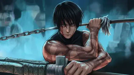 5K Ultra HD PC desktop wallpaper: Maki Zenin (Jujutsu Kaisen 3rd Season), muscular anime girl gripping a chained pole, intense glare, moody blue-lit background.