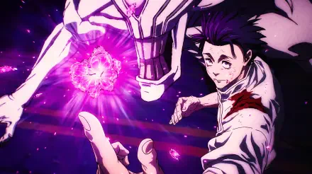 Jujutsu Kaisen 3rd Season anime 5K Ultra HD PC wallpaper: Yuta Okkotsu reaches for a glowing purple orb as Rika, the cursed spirit, looms behind.