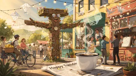 Sunlit market street with string lights, a smiling tree-scarecrow, people and a coffee cup on a Happy Tuesday newspaper — 4K Ultra HD PC wallpaper and background.
