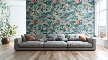 Peel And Stick floral wallpaper behind a gray sofa with throw pillows in a bright living room interior decor — 2K Quad HD PC desktop wallpaper and background