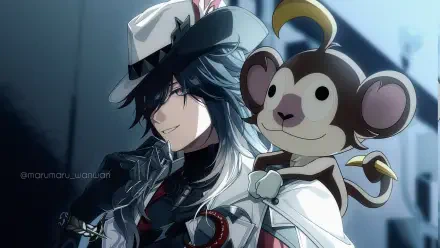 Ashveil from Honkai: Star Rail, smirking with a cheeky monkey companion on an HD PC desktop wallpaper, cool-toned city background.