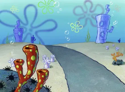 2K Quad HD PC desktop wallpaper from the TV show SpongeBob SquarePants showing an empty Bikini Bottom street with coral formations, rock houses, bubbles and a blue underwater sky.