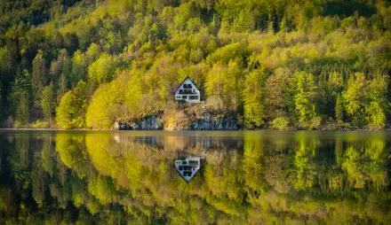 5K Ultra HD PC desktop wallpaper: green natural landscape of a forested lakeshore with a solitary cabin mirrored in calm water.