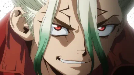 HD PC desktop wallpaper: close-up anime portrait of Dr. Stone's Senku Ishigami, smirking with red eyes and green-tipped white hair.