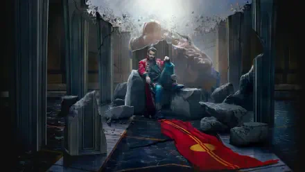 Foundation-themed 4K Ultra HD PC desktop wallpaper: two robed figures on a crumbling throne in a ruined hall, a red banner trailing across broken marble under dramatic light.