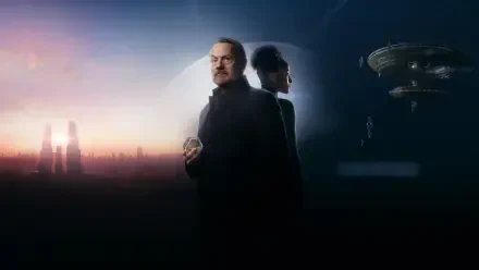 Foundation 4K Ultra HD PC desktop wallpaper: two silhouetted figures back-to-back before a glowing futuristic skyline at dusk, hovering craft and distant towers under a hazy, cinematic sky.