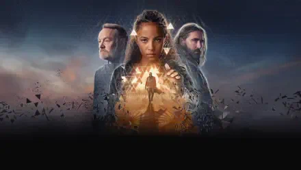 Foundation 4K Ultra HD PC desktop wallpaper: three figures flank a glowing gear-like portal as a silhouetted person walks through, shards drifting against a moody cosmic background.