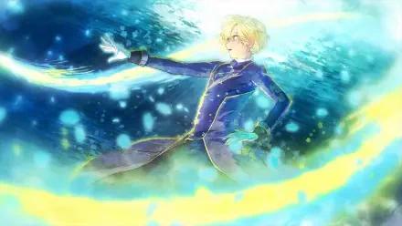 HD anime wallpaper of Cecil Glo Alphasta from An Observation Log of My Fiancée Who Calls Herself a Villainess, blond prince casting swirling blue and gold magic.