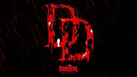 Dark rain-soaked black background with a blood-red distressed 'D' filled with Daredevil figures and Hell's Kitchen silhouettes — Daredevil: Born Again 5K Ultra HD PC wallpaper.