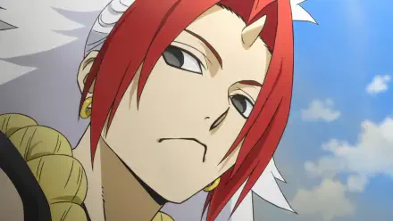 HD anime desktop wallpaper: Hidari from Daemons of the Shadow Realm — red-haired, single horn and gold earring, gazing down against a bright blue sky.