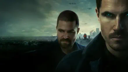 HD PC desktop wallpaper and background for Code 8: Part 2 showing two intense men in dark coats before a moody, green-tinted city skyline.