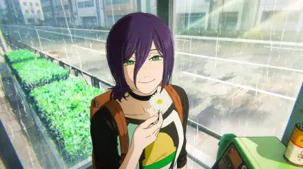 Reze (Chainsaw Man) holding a daisy, smiling on a rain-soaked urban balcony — anime girl 5K Ultra HD PC desktop wallpaper.