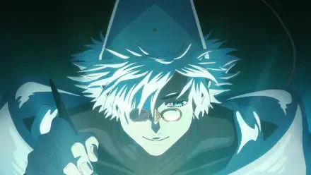 Anime HD PC desktop wallpaper of Qifrey from Witch Hat Atelier, hooded with a monocle, casting cyan magical energy as he draws with a glowing pen.