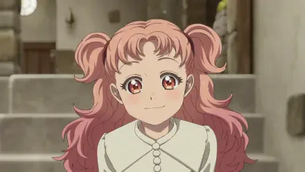 Tetia from the anime Witch Hat Atelier smiling with pink twin tails in a cozy interior staircase, HD PC desktop wallpaper.