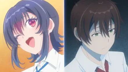 Anime HD PC wallpaper: split portraits of Umi Asanagi (navy hair, pink eyes, winking) and Maki Maehara (brown hair, green eyes, neutral) — I Made Friends with the Second Prettiest Girl in My Class