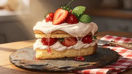 4K Ultra HD PC desktop wallpaper of a glazed strawberry shortcake slice with whipped cream, fresh berries and mint on a slate plate, warm kitchen background.