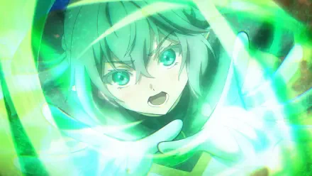 Anime HD desktop wallpaper of Tessia Eralith from The Beginning After The End, conjuring swirling green magic with a determined, intense expression.