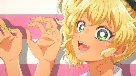Anime HD PC desktop background of Kotoko Ijichi from Gals Can't Be Kind to Otaku!? Close-up of a cheerful, curly‑blonde girl with wide green eyes and raised hands against pink stripes.