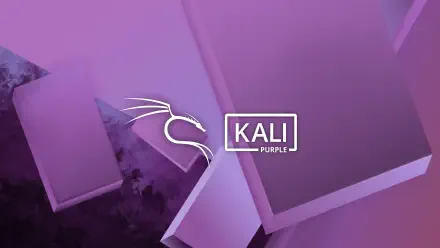 Purple 4K Ultra HD Kali Linux PC desktop wallpaper featuring the white stylized Kali logo and KALI Purple label over abstract geometric blocks and soft gradients.