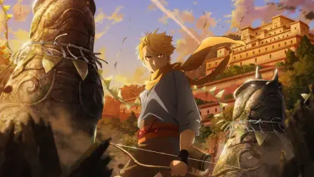 4K Ultra HD anime wallpaper: Yuru from Daemons of the Shadow Realm stands between towering daemon statues at sunset, a fortress city glowing behind him.