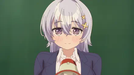 HD anime desktop wallpaper of Hiyori Hiwamura from Yowayowa Sensei: blushing silver‑haired schoolteacher in navy blazer holding a megaphone against a green chalkboard.