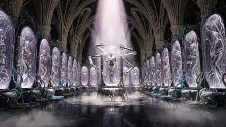 4K Ultra HD PC wallpaper: cathedral-like cloning facility with rows of illuminated pods holding humanoid clones, a central pod bathed in light and cables.