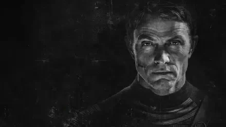 Grayscale close-up of Daredevil: Born Again, intense shadowed face with textured backdrop — 4K Ultra HD PC desktop wallpaper and background.