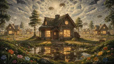 Cozy cottage at dusk by a reflective pond, glowing windows and flowered banks among nearby cottages — 4K Ultra HD PC Desktop Wallpaper and Background