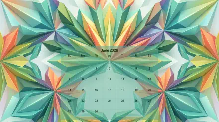 June 2026 calendar over a geometric origami-style starburst in teal, green, and coral — 5K Ultra HD PC desktop wallpaper/background.