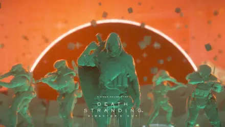 4K Ultra HD PC desktop wallpaper for the video game Death Stranding: teal hooded figures and soldiers stand before a glowing orange halo, Death Stranding logo at bottom.