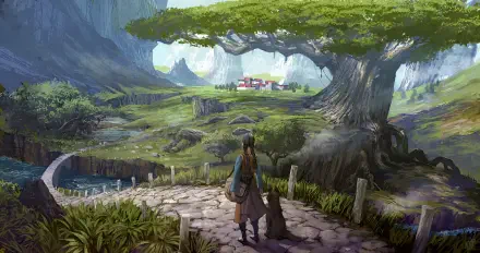 2K Quad HD digital painting landscape: a fantasy girl and dog stand on a stone path under a giant tree, overlooking a lush valley and distant town — PC desktop wallpaper.