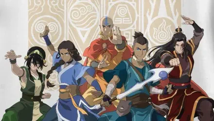 Avatar: The Last Airbender HD PC desktop wallpaper showing Toph, Katara, Aang, Sokka and Zuko posed ready for battle against a stylized elemental background.