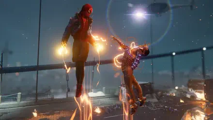 4K Ultra HD PC desktop wallpaper: Spider-Man PlayStation video game scene — Spider-Man mid-air on a rain-soaked bridge fighting an electrified foe, sparks and lens flare.